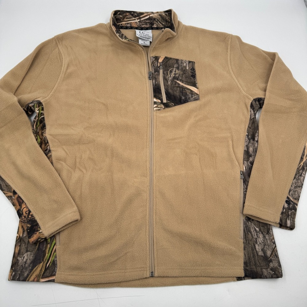 Ducks Unlimited Mens XL Fleece Full Zip‎ Jacket Camo Pocket Collar